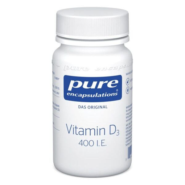 Weißer, runder Kunststoffbehälter mit Schraubverschluss, beschriftet mit Vitamin D3 und 400 I.E.