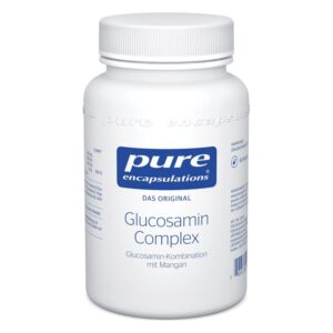 Weißes Fläschchen mit Schraubverschluss, gekennzeichnet mit "pure encapuslations Glucosamin Complex" und Inhaltsstoffen.