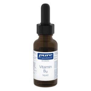 Braune Glasflasche mit schwarzer Pipette, enthält flüssiges Vitamin B12 mit Etikett von Pure Encapsulations.