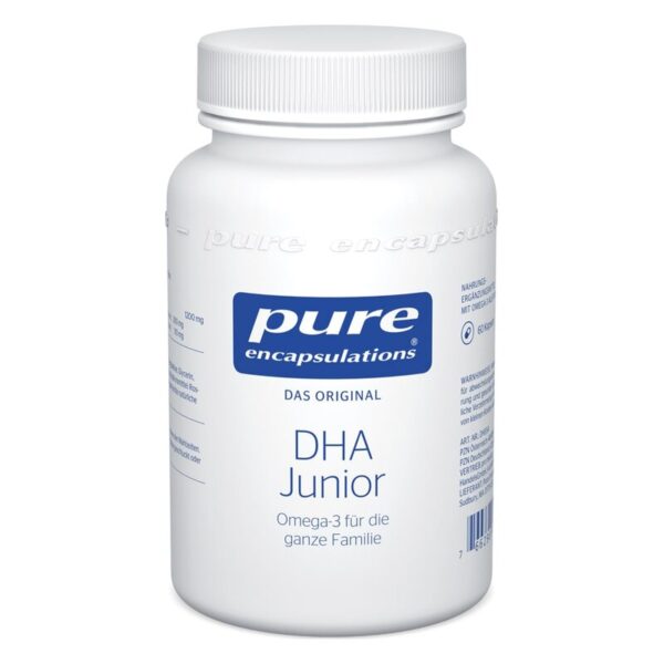 Weißer Kunststoffbehälter mit blauem und grauem Etikett, der DHA Junior Omega-3 Nahrungsergänzungsmittel enthält.