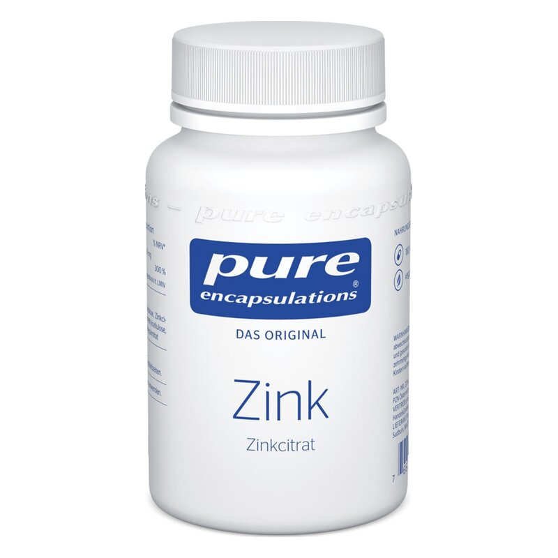 Weißer Flakon mit Deckel, beschriftet mit "pure encapuslations" und "Zink Zinkcitrat", medizinisches Nahrungsergänzungsmittel.