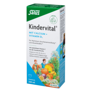Paket von Salus Kindervital, einem veganen Tonikum mit Calcium und Vitamin D3 für Kinder, illustriert mit bunten Früchten und Kräutern.