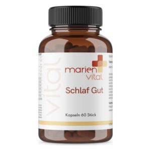 Braune Kunststoffflasche mit Kapseln zur Unterstützung des Schlafs, etikettiert mit "Schlaf Gut" von marien vital.