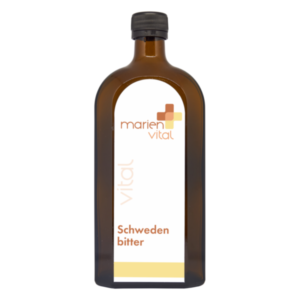 Braune Glasflasche mit Etikett für Schwedenbitter von marien vital, weißes und oranges Design.