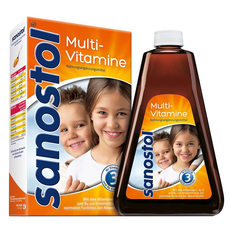 Verpackung von Sanostol Multivitaminen mit einem Fläschchen und einer Schachtel, abgebildete Kinder lächeln.