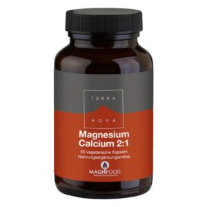 Dose mit Magnesium und Calcium im Verhältnis 2:1, Verpackungsdesign in Grau und Orange, vegetabil.