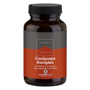 Braune Plastikflasche mit schwarzem Deckel, etikettiert als Cordyceps Komplex von Terra Nova, enthält Nahrungsergänzungsmittel.