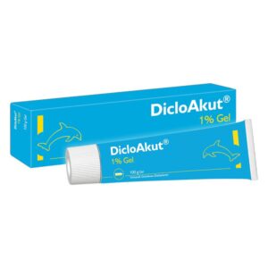 Ein Tube DicloAkut 1% Gel mit blauer Verpackung und einem Delphin-Logo.