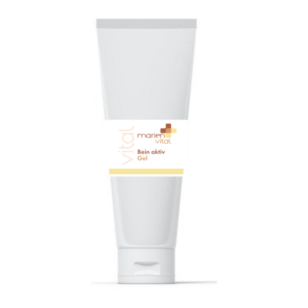 Weißes Tubengelfläschchen mit der Aufschrift "marien vital Bein aktiv Gel" in sanften Farben.
