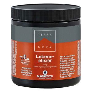 Schwarzer Behälter mit einem orangefarbenen Etikett, das den Lebens-Elixier-Nahrungszusatz von Terra Nova zeigt.