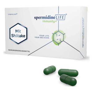 Verpackung von spermidineLIFE Immunity+ mit Shiitake Pilzen, enthält grüne Nahrungsergänzungsmittel-Kapseln.