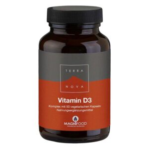 Braune Flasche mit schwarzem Schraubverschluss, etikettiert mit 'Vitamin D3' und einem Bergmotiv; enthält vegetarische Kapseln.