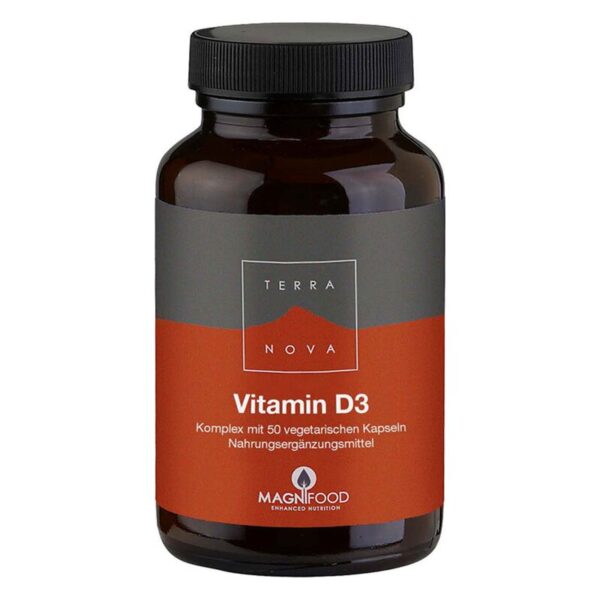 Braune Flasche mit schwarzem Schraubverschluss, etikettiert mit 'Vitamin D3' und einem Bergmotiv; enthält vegetarische Kapseln.