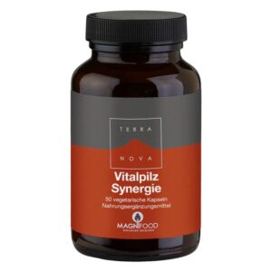 Braune Glasflasche mit schwarzem Deckel, etikettiert mit 'Vitalpilz Synergie' und '50 vegetarische Kapseln'