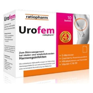 Verpackung von Urofem von ratiopharm zur Unterstützung bei Harnwegsinfekten, enthält 10 Sachets.