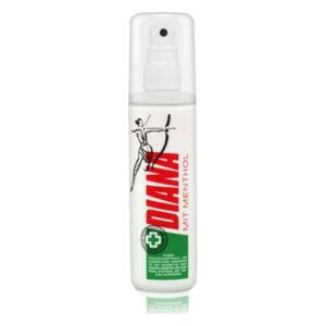 Sprühflasche mit mentholhaltiger Flüssigkeit, beschriftet mit "DIANA", ausgestattet mit einem klaren Sprühmechanismus.