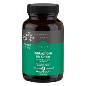 Braune Glasflasche mit schwarzem Deckel, beschriftet mit "Mikroflora für Kinder" und weiteren Details zur Verwendung.