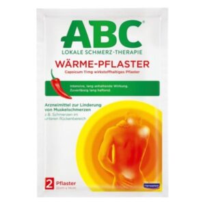 Verpackung eines Wärme-Pflasters mit Chili-Symbol, beworben zur Linderung von Muskelschmerzen.