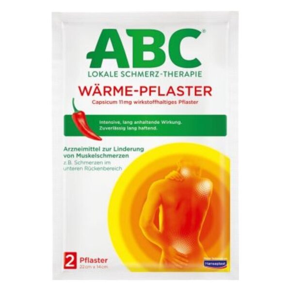 Verpackung eines Wärme-Pflasters mit Chili-Symbol, beworben zur Linderung von Muskelschmerzen.