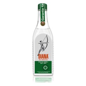 Glasflasche mit transparenter Flüssigkeit, beschriftet mit "Diana mit Menthol" und grünem Deckel.