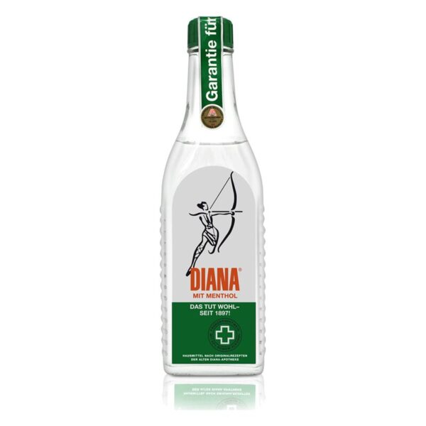 Glasflasche mit transparenter Flüssigkeit, beschriftet mit "Diana mit Menthol" und grünem Deckel.