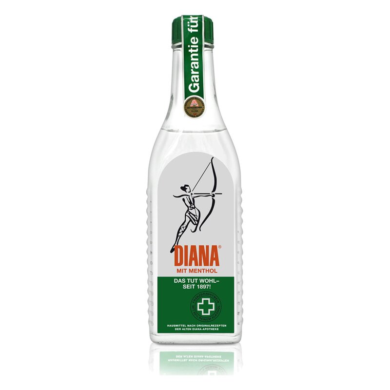 Glasflasche mit transparenter Flüssigkeit, beschriftet mit "Diana mit Menthol" und grünem Deckel.