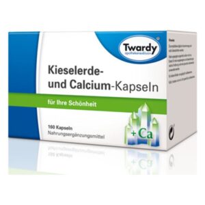 Verpackung von Twardy Kieselerde- und Calcium-Kapseln, die für Schönheitspflege beworben werden.