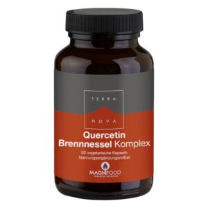 Braune Glasflasche mit schwarzem Deckel, etikettiert mit "Quercetin Brennnessel Komplex" von Terra Nova.