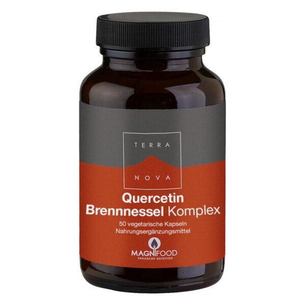 Braune Glasflasche mit schwarzem Deckel, etikettiert mit "Quercetin Brennnessel Komplex" von Terra Nova.