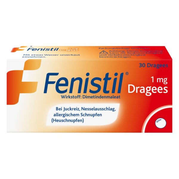 Verpackung von Fenistil Dragées mit 1 mg Dimetindenmaletat, zur Linderung von Allergiesymptomen.