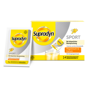 Supradyn Sport Brausegranulat in Weiß mit orangefarbenem Geschmack, verpackt in einem Karton mit 14 Beuteln.