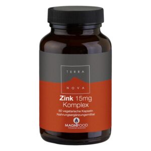 Braune Flasche mit schwarzem Deckel, enthält Zink 15mg Komplex in vegetarischen Kapseln.
