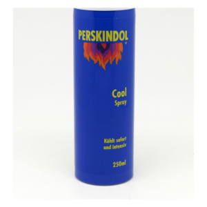 Dunkelblauer Spraybehälter mit der Aufschrift „PERSKINDOL Cool Spray“ und dem Hinweis auf kühlende Wirkung.