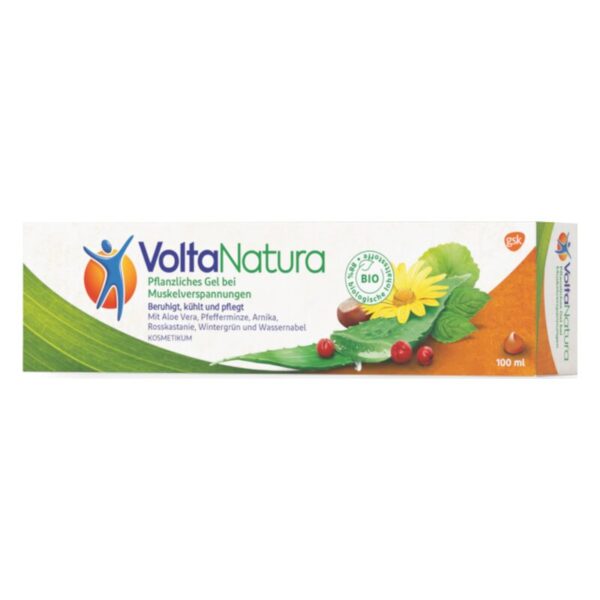 Verpackung von VoltaNatura, pflanzliches Gel gegen Muskelverspannungen mit Aloe Vera und verschiedenen Kräutern, 100 ml.