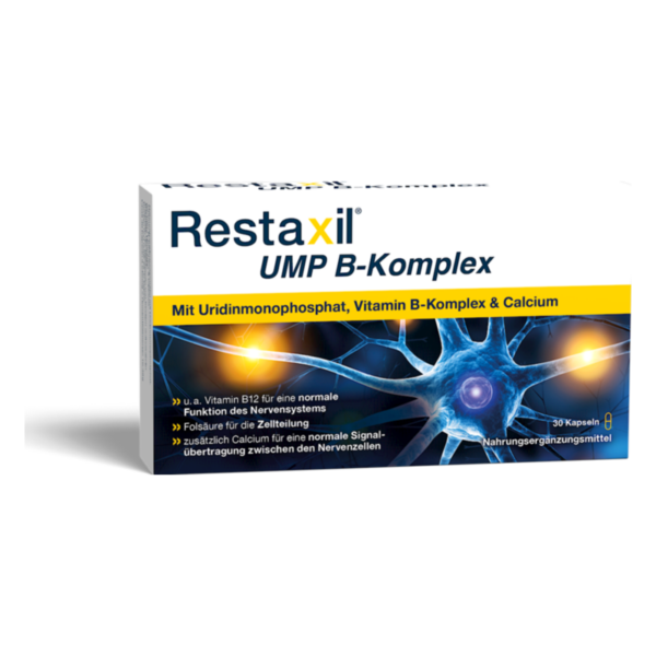 Verpackung von Restaxil UMP B-Komplex, zeigt informative Details zu Inhaltsstoffen und Funktion für das Nervensystem.