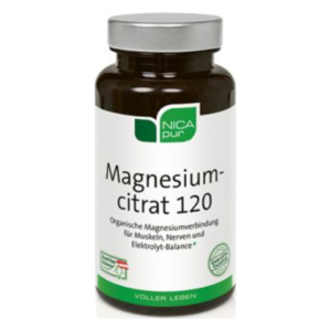 Dunkelbraune Flasche mit grünem Deckel, enthält Magnesiumcitrat zur Unterstützung von Muskeln und Nerven.