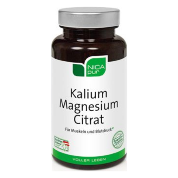 Dunkle Flasche mit Schraubverschluss, beschriftet mit Kalium Magnesium Citrat für Muskeln und Blutdruck.