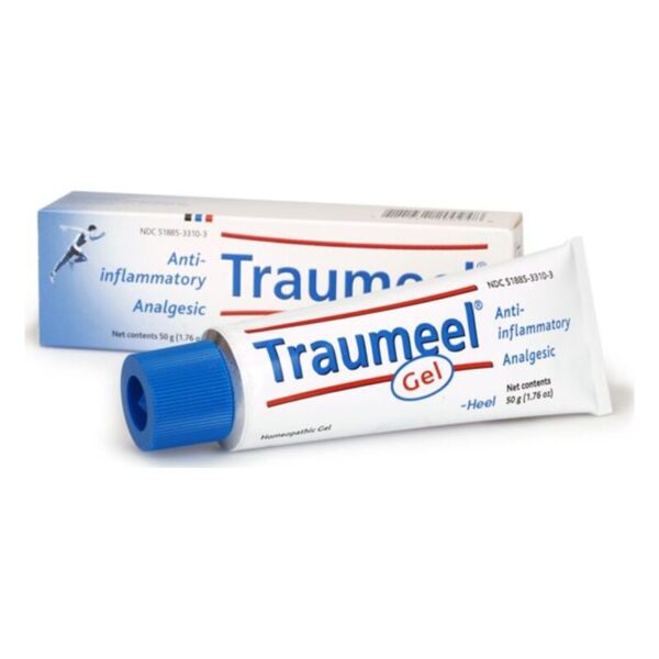 Tube mit Traumeel Gel zur Linderung von Entzündungen und Schmerzen, verpackt in einer blauen und weißen Schachtel.
