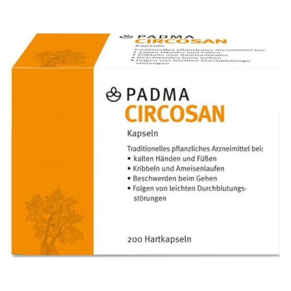 Verpackung von PADMA CIRCOSAN, Kapseln zur Unterstützung bei Durchblutungsstörungen, mit orangefarbener Gestaltung.