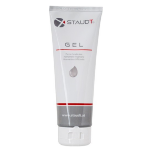 Weiße Tube mit einem Gel, das pflanzliche Inhaltsstoffe enthält, mit ausklappbarem Verschluss.