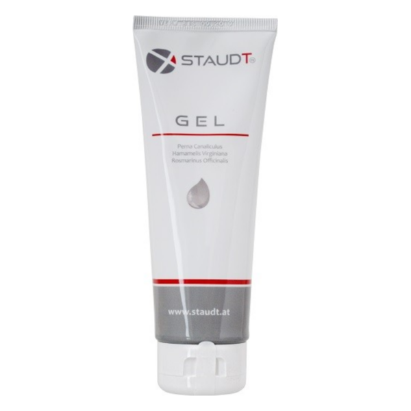 Weiße Tube mit einem Gel, das pflanzliche Inhaltsstoffe enthält, mit ausklappbarem Verschluss.