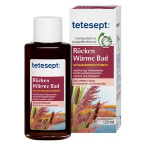 Flasche mit Rücken Wärme Bad von tetesept, brauner Flüssigkeit, umgeben von einer Verpackung mit Naturmotiven.