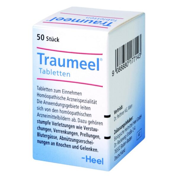 Verpackung der Traumeel-Tabletten, einer homöopathischen Arznei zur Behandlung von Verletzungen und Beschwerden.