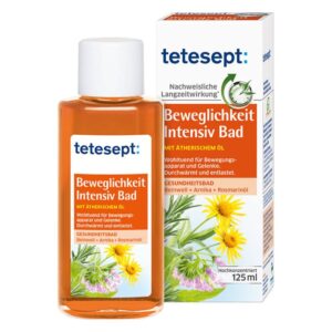 Flasche mit tetesept Beweglichkeit Intensiv Bad, 125 ml, mit ätherischem Öl und Pflanzenextrakten, verpackt in einer Kartonbox.
