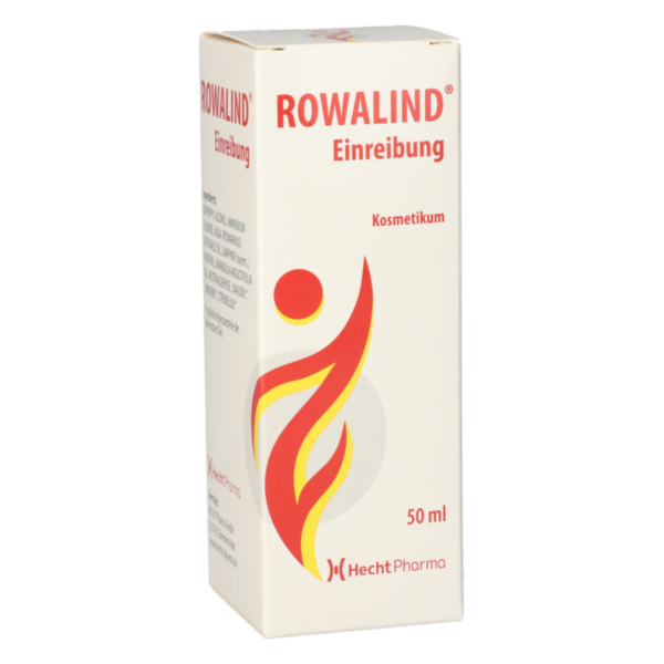 Verpackung von ROWALIND Einreibung, 50 ml, kosmetisches Produkt mit einem grafischen designelement in Rot und Gelb.