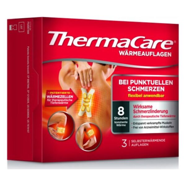 Verpackung von ThermaCare Wärmeauflagen, hervorgehoben mit Anwendungsinformationen und Benutzeranweisungen.