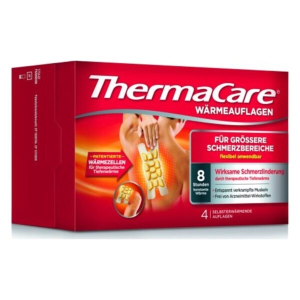 Verpackung von ThermaCare Wärmeauflagen für Schmerzlinderung, inklusive flexibler, selbstwärmender Auflagen.