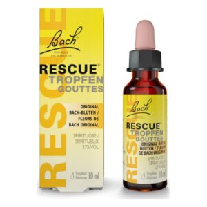 Bach Rescue Tropfen in einer braunen Glasflasche mit Pipette, neben der gelben Verpackung.