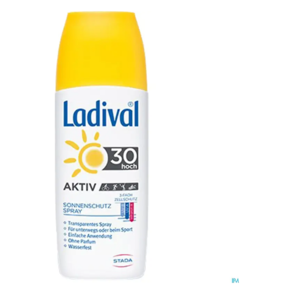 Ladival Sonnenschutzspray mit Lichtschutzfaktor 30, in einer weißen Flasche mit gelbem Deckel für sportliche Aktivitäten.