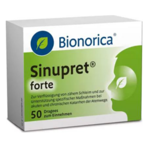 Packung von Bionorica Sinupret forte, zur Unterstützung bei Atemwegserkrankungen, mit 50 Dragees zum Einnehmen.